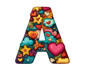 A colorful illustration of the letter A decorated with hearts, stars, clouds, and whimsical designs.