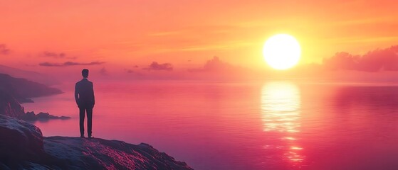 Man ocean sunset cliff success