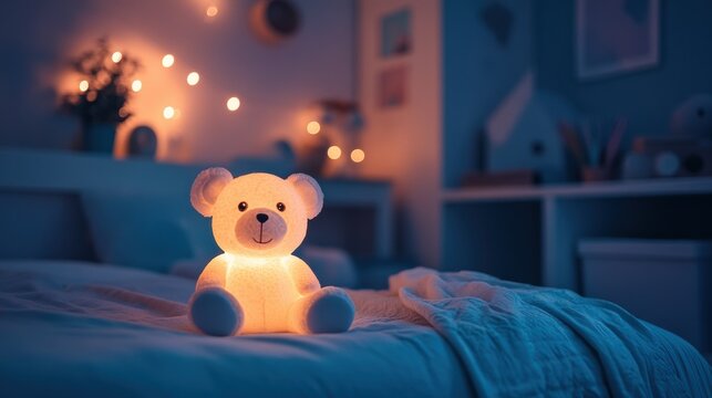Soft teddy bear illuminated in a cozy bedroom.