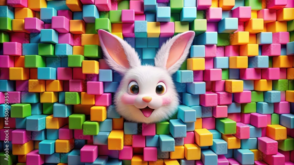 Poster a cheerful white bunny with large eyes peeks out from a colorful wall of cubes, bringing joy and whi