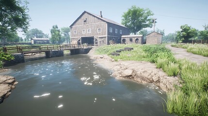 Obraz premium Tranquil rural scene depicting a weathered wooden barn beside a calm river. Sunlight glints on the water's surface. Lush green vegetation surrounds the property, including trees and tall grasses