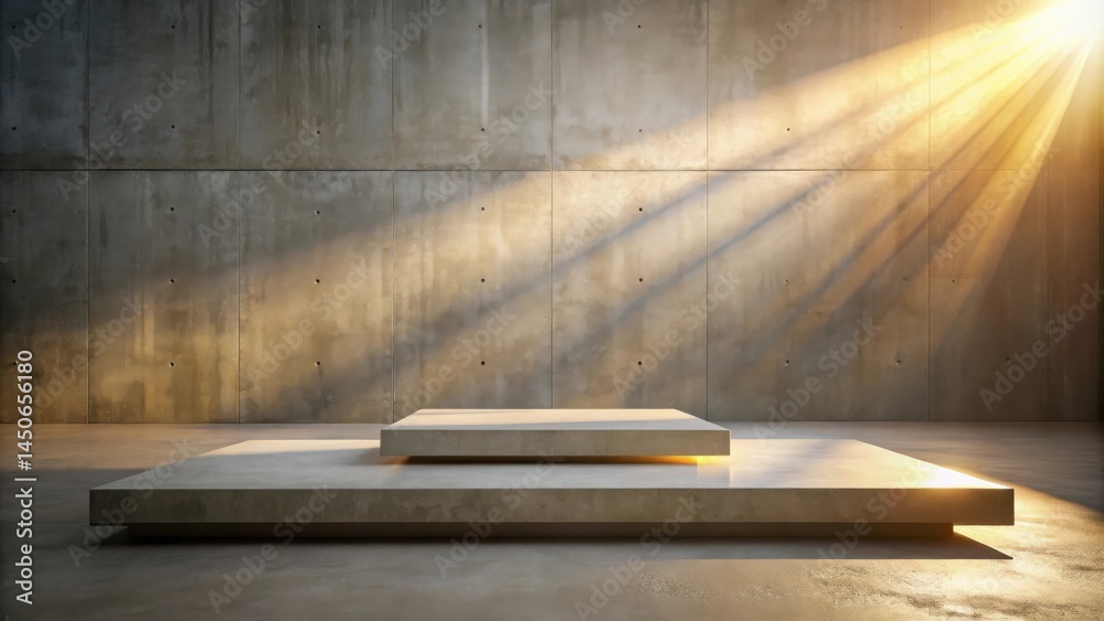Poster A minimalist concrete platform bathed in golden sunlight, creating a serene and modern backdrop for product display.