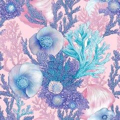 Seamless pattern of stylized coral reef. Pink background with blue and purple coral, shells, and aquatic plants. Detailed illustration with a textured effect