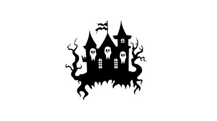 Black and white illustration of a haunted house nestled amongst skeletal trees, featuring three ghostly figures near the building. The image is simple, with stark contrast between the black