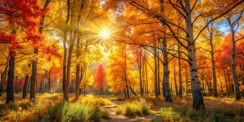 A sunlit path through a forest of golden and red leaves, with a radiant sun shining through the branches