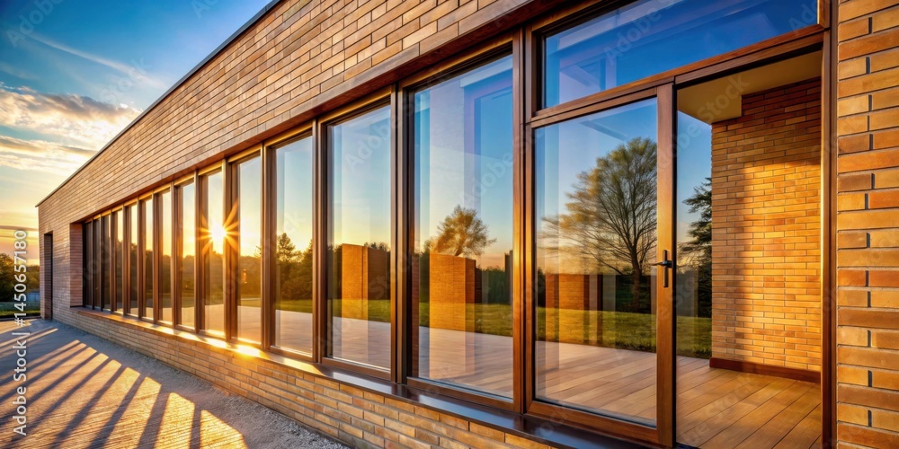 Poster brick building with expansive windows reflecting a sunset sky and a tree