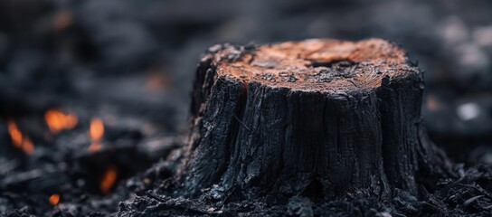 Close-up of a charred tree stump in the foreground, with a blurry and out-of-focus background filled with black ashes and embers.