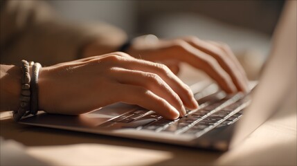 Hands Typing on a Laptop Keyboard in a Cozy Workspace