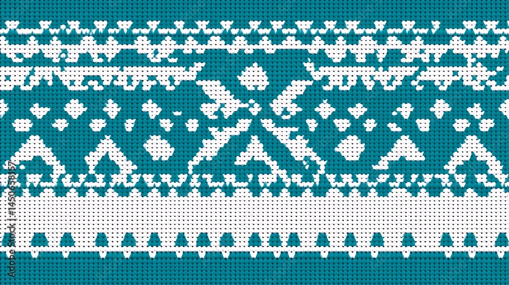 Poster teal and white geometric textile pattern. the design features repeating motifs and textured elements