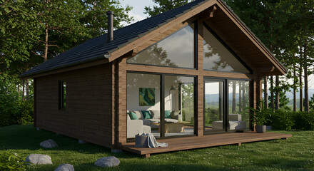 Modern Log Cabin Retreat Nestled Among Verdant Trees with Expansive Windows