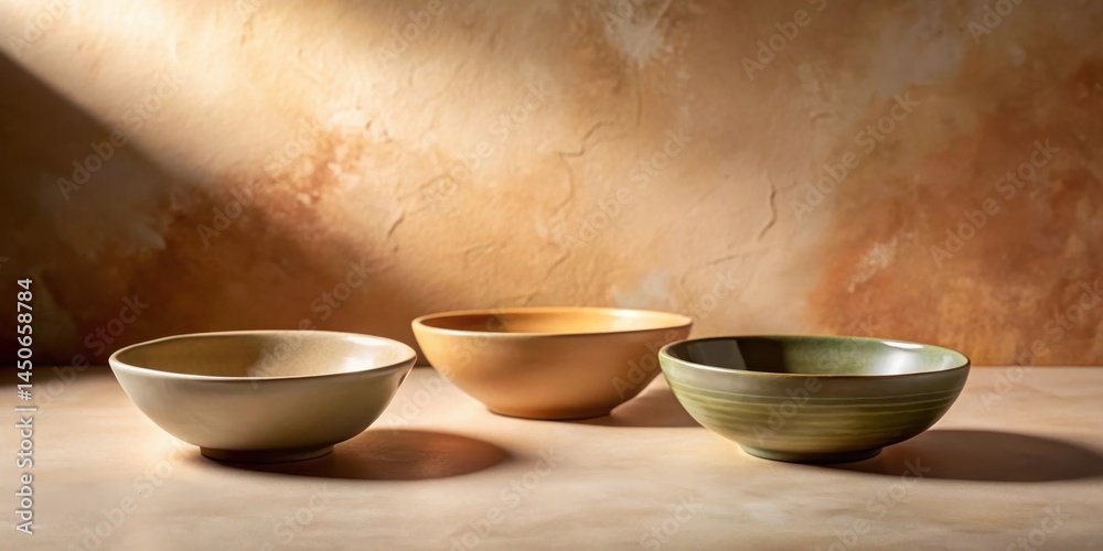 Aufkleber three ceramic bowls of different colors and sizes on a beige surface with a textured background