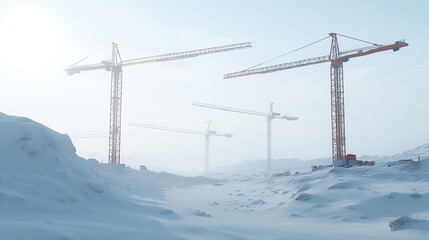 Construction cranes in snowy terrain