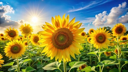 Fototapeta premium A field of sunflowers basking in the golden glow of a setting sun, their vibrant yellow petals reaching towards the heavens, creating a tapestry of warmth and beauty.