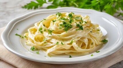 Delicious fettuccine alfredo, a classic Italian pasta dish served on a white plate.