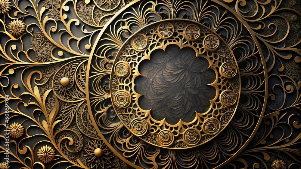 Aufkleber intricate golden filigree ornament with a central floral motif and circular patterns