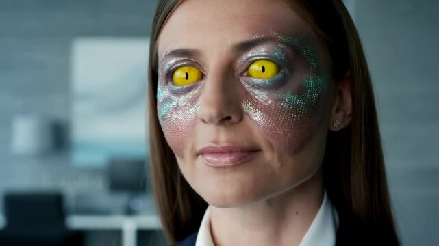 Woman with yellow reptilian eyes and scaly skin around eyes, looking directly at the viewer with a slight smile in an office setting.