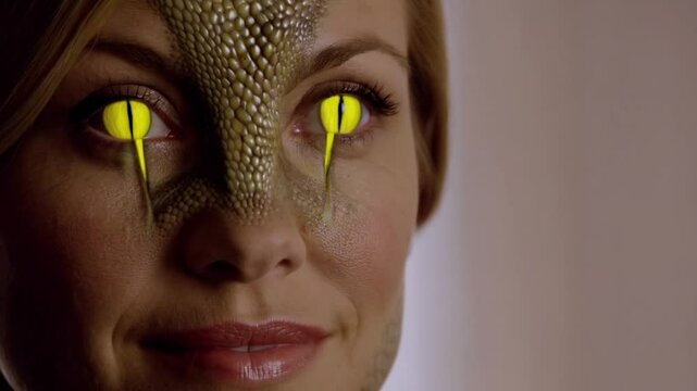 Close-up of a woman with reptilian features, scales on her face, and striking yellow reptile eyes. A unique blend of human and reptile.