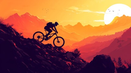 Obraz premium A cyclist rides down a rocky hill at sunrise with mountains in the background. This shows extreme sports and mountain biking. 