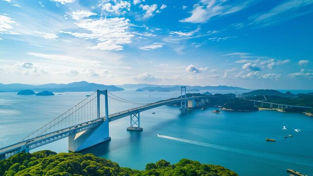 海と島々を結ぶ壮大な吊り橋の空撮風景