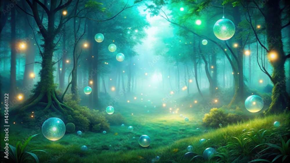 Aufkleber a magical forest bathed in ethereal light, with glowing orbs suspended amidst the trees and a misty 