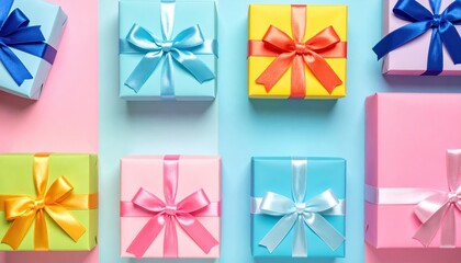 Colorful Gift Boxes with Pastel Ribbons A Festive Background for Holidays