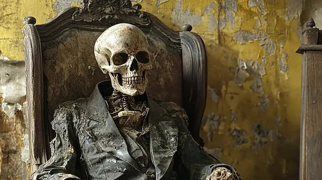 A lifelike skeleton sits in an antique chair against a peeling yellow wall in an eerie room
