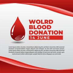 Vector poster design for World Blood Donation Day, celebrated on 14 June. Simple, clean layout with red tones, blood drop icons, and healthcare elements to raise awareness and encourage voluntary