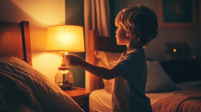 Child turning on bedside lamp in dimly lit bedroom.