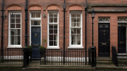Obraz premium Modern Brick Architecture: Symmetrical Facade and Inviting Entrance in an Urban Residential Neighborhood