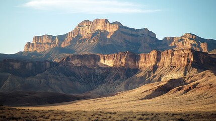 Naklejka premium Rugged mountain range against a pale sky at dawn.