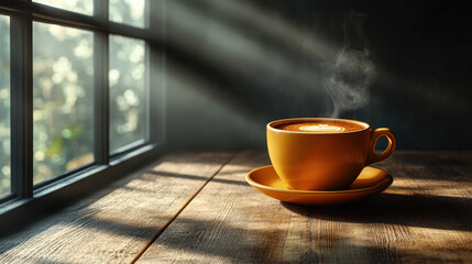 A steaming cup of coffee sits on a wooden table next to a window, bathed in sunlight streaming through