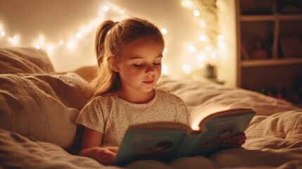 Obraz premium A young girl engrossed in a book in her bedroom at night.