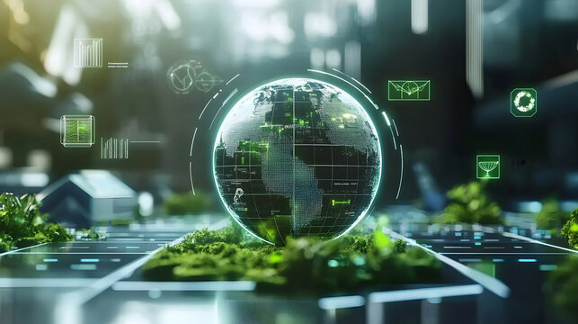 Corporate executives analyzing ESG goals on a holographic Earth, surrounded by green technology and governance icons