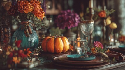 Autumnal table setting with a vibrant pumpkin centerpiece and rich jewel-toned decor. The warm colors and textures create a cozy atmosphere.