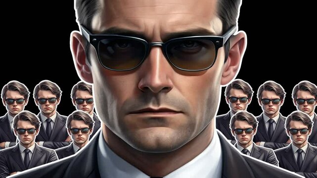 A serious man in black glasses looks straight ahead, behind him is his daring young retinue of specialists. Concept of special services. Smooth animation on transparent background