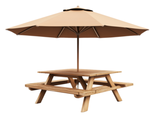 wooden picnic table with large sun umbrella isolated png transparent cutout