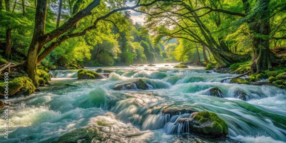 Poster Sunlight filtering through lush foliage illuminates a rushing stream, creating a mesmerizing spectacle of nature's vibrant energy and cascading water