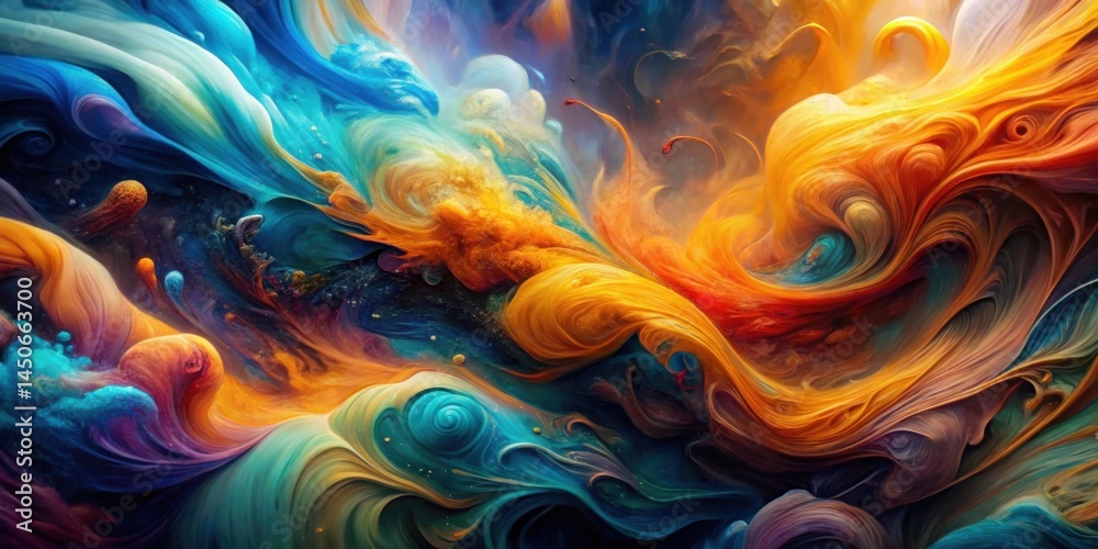 Poster a symphony of colors and textures, swirling and intertwining in an abstract dance of liquid art