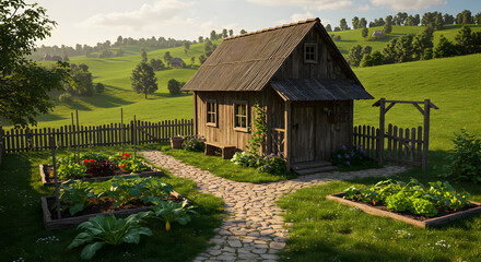 Idyllic Cottage Garden With Rolling Hills And Rustic Charm In Summer