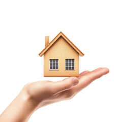Small house model resting on an open palm isolated on white background symbolizing real estate property ownership or home ownership concepts