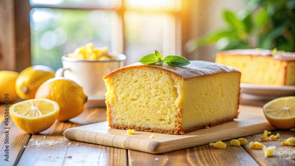 Poster a slice of lemon pound cake with a dusting of powdered sugar sits on a wooden cutting board next to 
