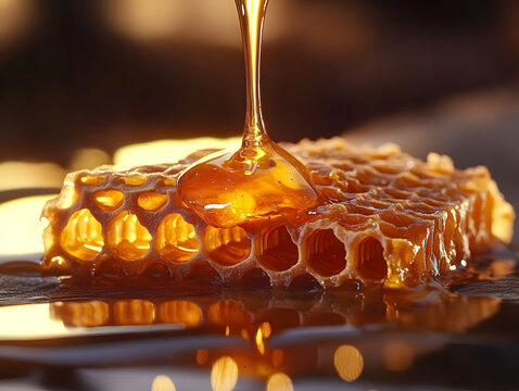 Fresh honey dripping from a honeycomb, honeycomb, sweet freshness