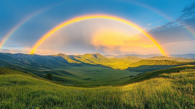 Spectacular vista featuring rolling hills and a vibrant double rainbow display