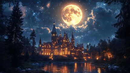A castle illuminated under a full moon surrounded by trees and reflected in the water at night
