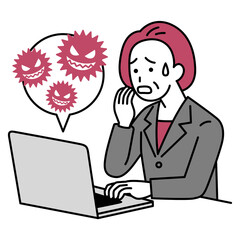 ノートパソコンがコンピューターウィルスに感染して困る中年のスーツの女性