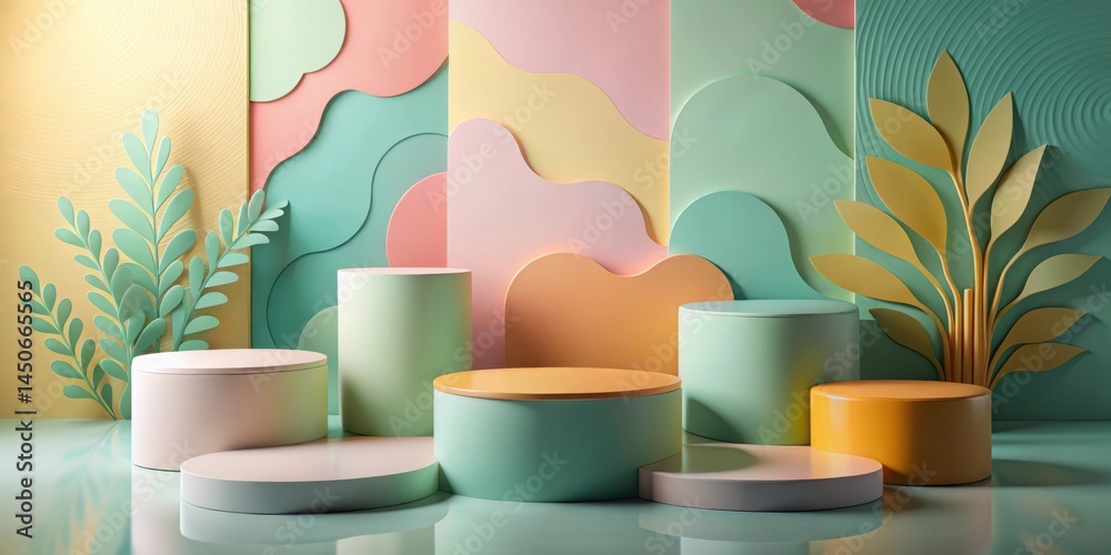 Poster Abstract Minimalist Display Featuring Cylindrical Platforms Set Against a Colorful Wavy Background Decorated with Paper Cutout Leaves