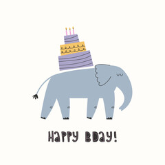 Naklejka premium Happy Birthday greeting card with funny elephant, birthday cake and lettering.