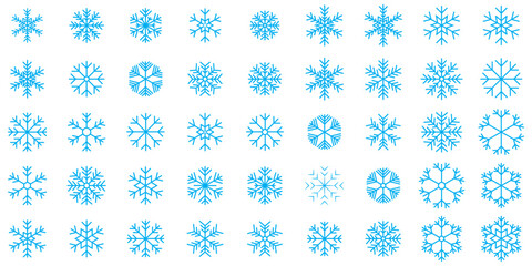 Hand drawn blue snowflake doodle vector icon collection, winter snow symbol. Big set of linear snowflake icons. Blue Snowflakes icon Set, Christmas Snowflake Silhouette. snowflake vector icon pack. 