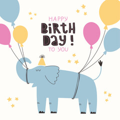 Creative Happy Birthday greeting card or poster with cute elephant, balloons and lettering.