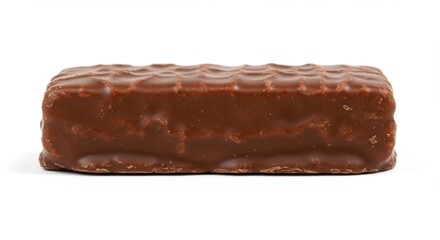 Close-up of a chocolate-covered wafer bar on white background